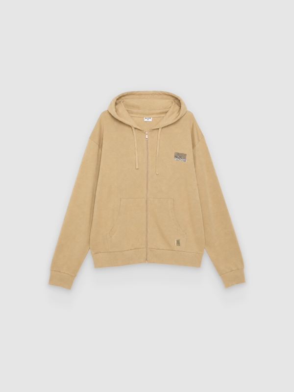  Open hoodie with text beige front view