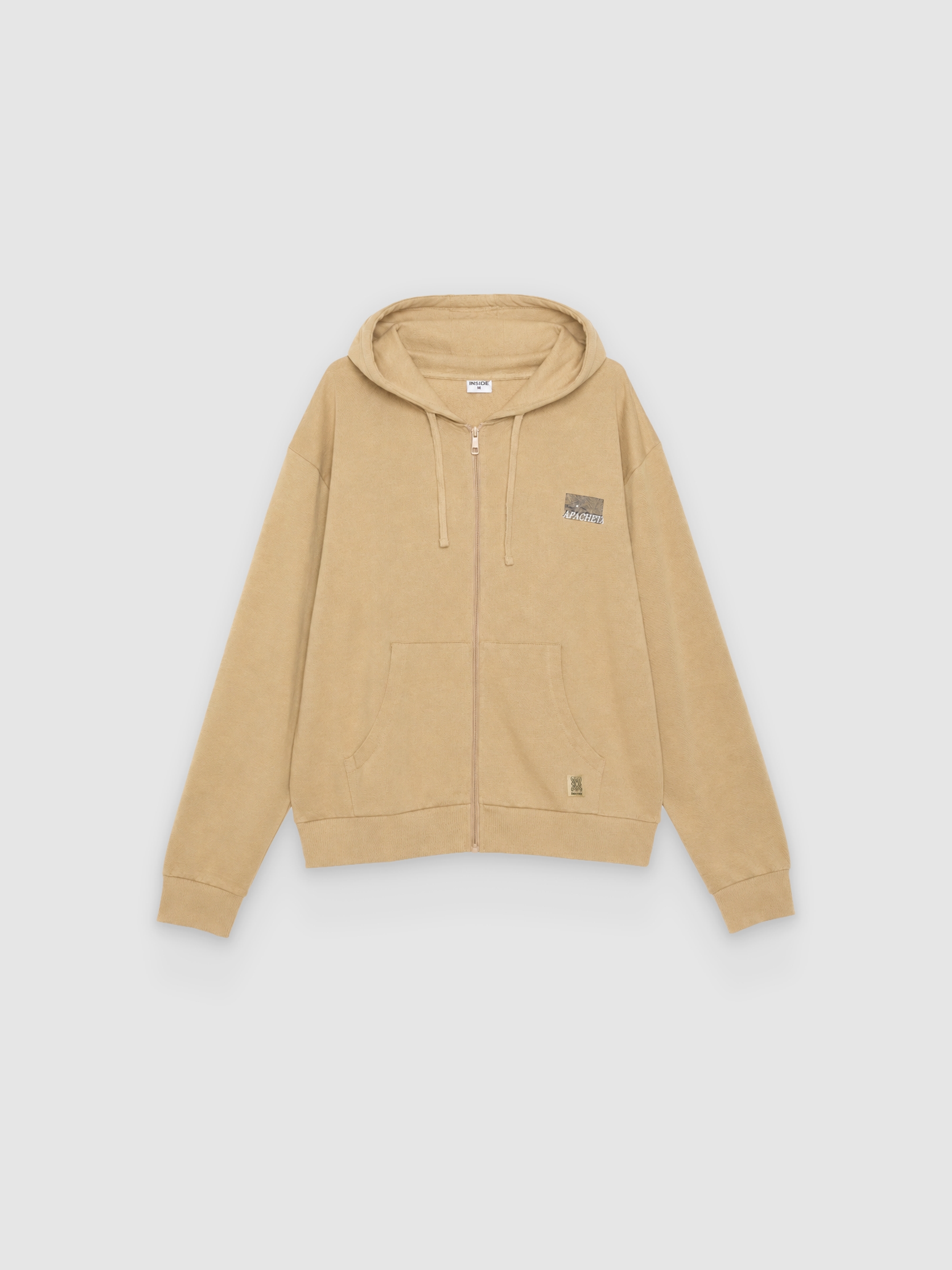 Sudadera abierta con capucha y texto beige vista media frontal