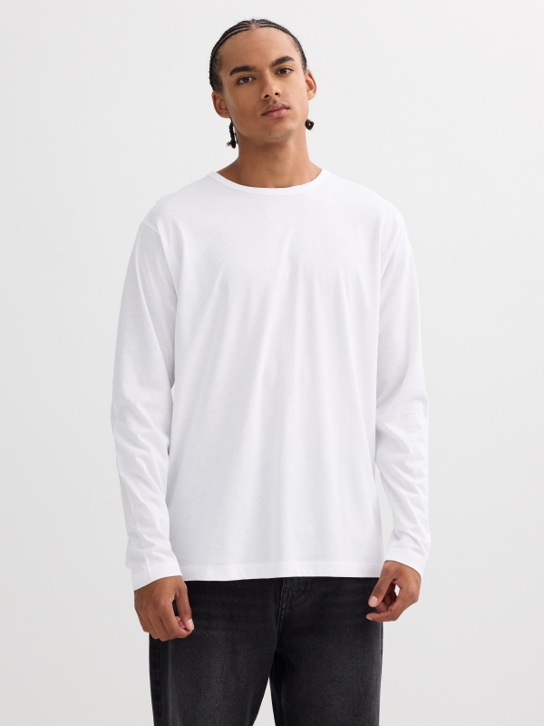 T-shirt básica de manga comprida branco vista meia frontal