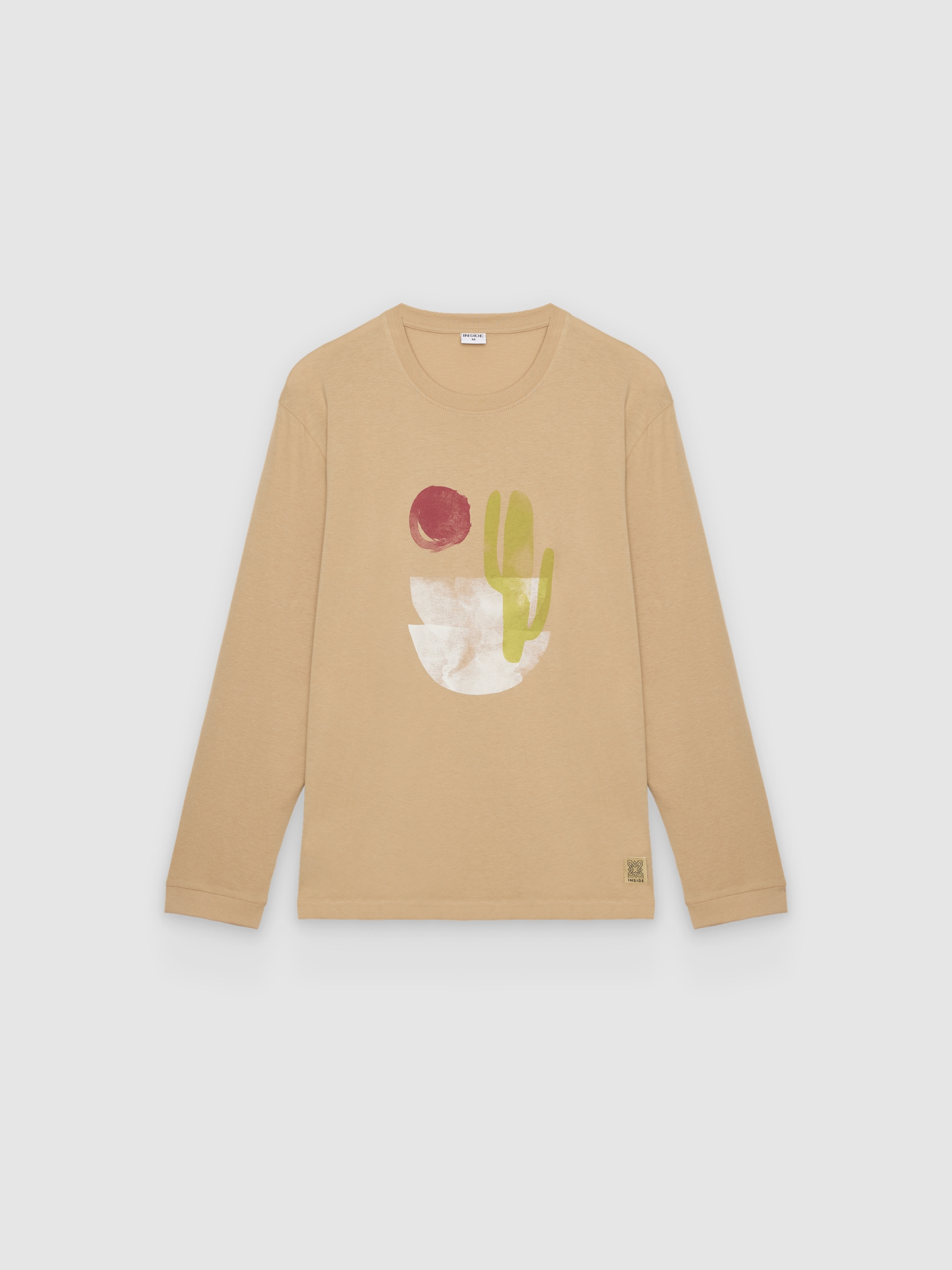 Camiseta estampada nature manga longa bege vista meia frontal
