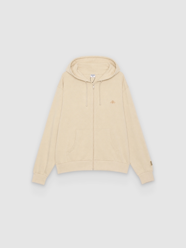  Sudadera capucha cremallera con texto crudo vista frontal