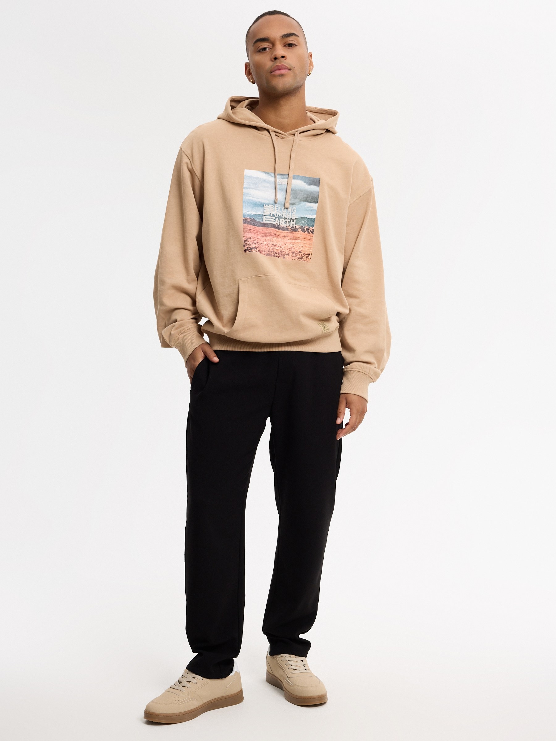 Oversized earth-tone hoodie beige middle front view