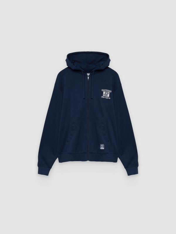  Zip-up fleece hoodie text navy front view