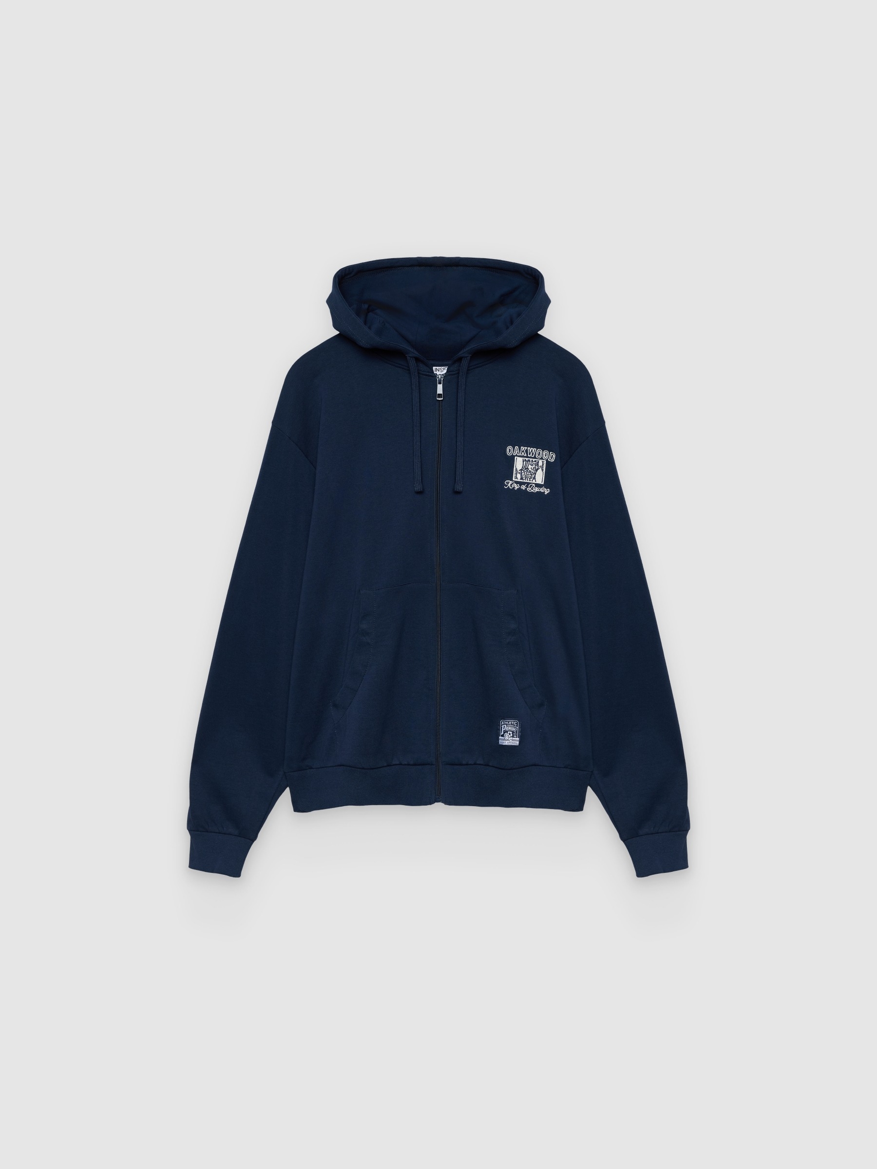 %Pto% Sudadera capucha cremallera felpa texto azul marino vista frontal