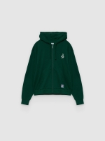 %Pto% Sudadera abierta capucha felpa texto verde oscuro vista frontal