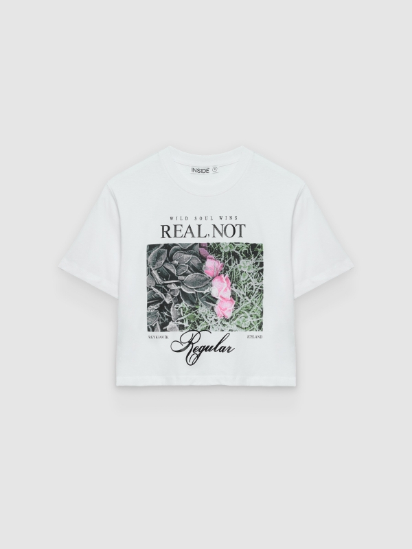  Camiseta crop flores algodão branco vista frontal