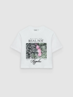 %Pto% Camiseta crop flores algodão branco vista frontal