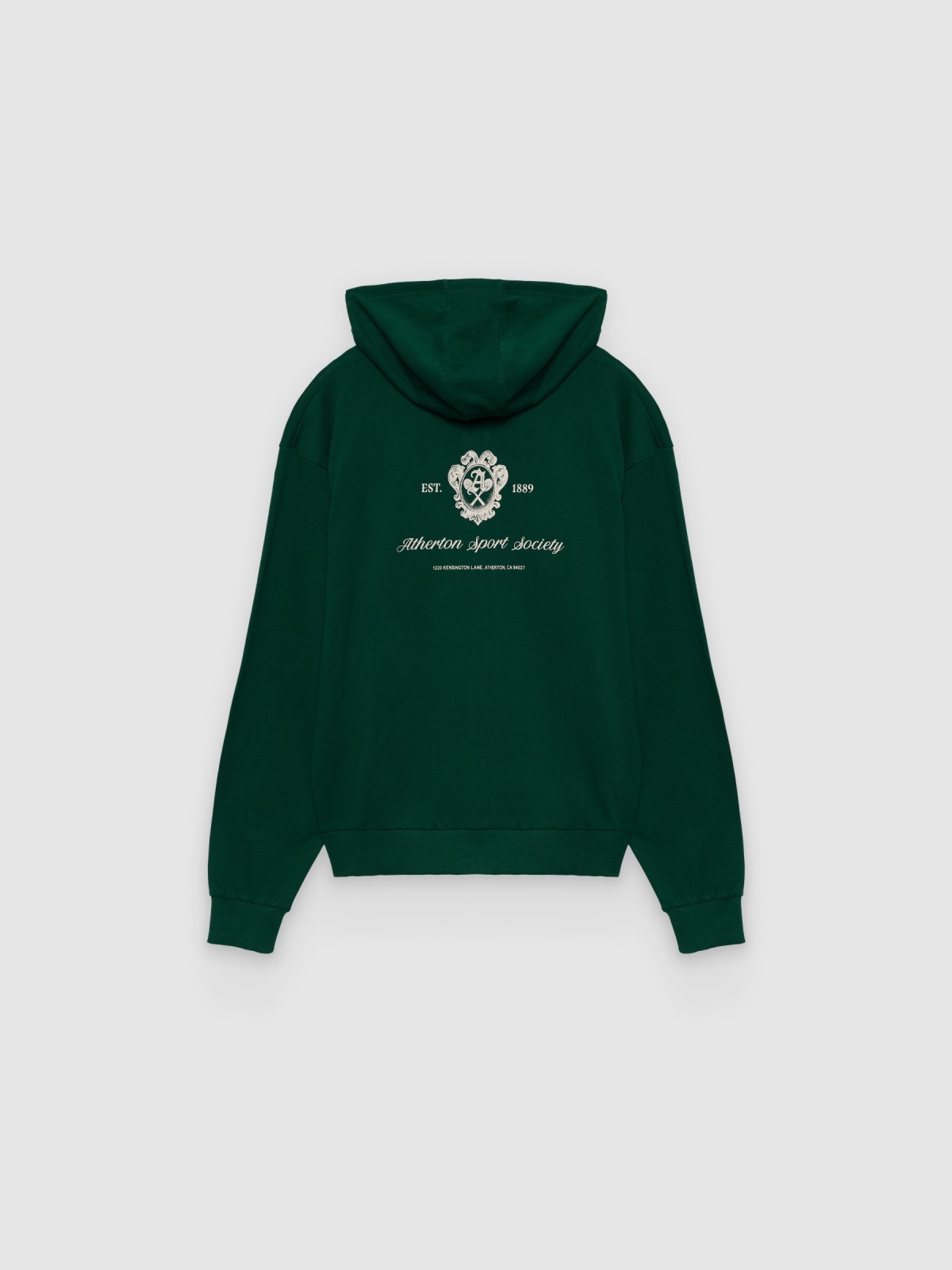 Open hoodie fleece text dark green back view