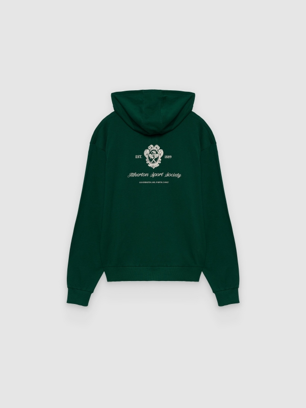 Sudadera abierta capucha felpa texto verde oscuro vista trasera