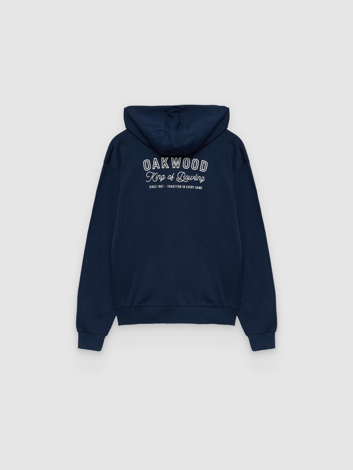 Zip-up fleece hoodie text navy back view