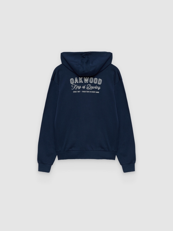 Zip-up fleece hoodie text navy back view