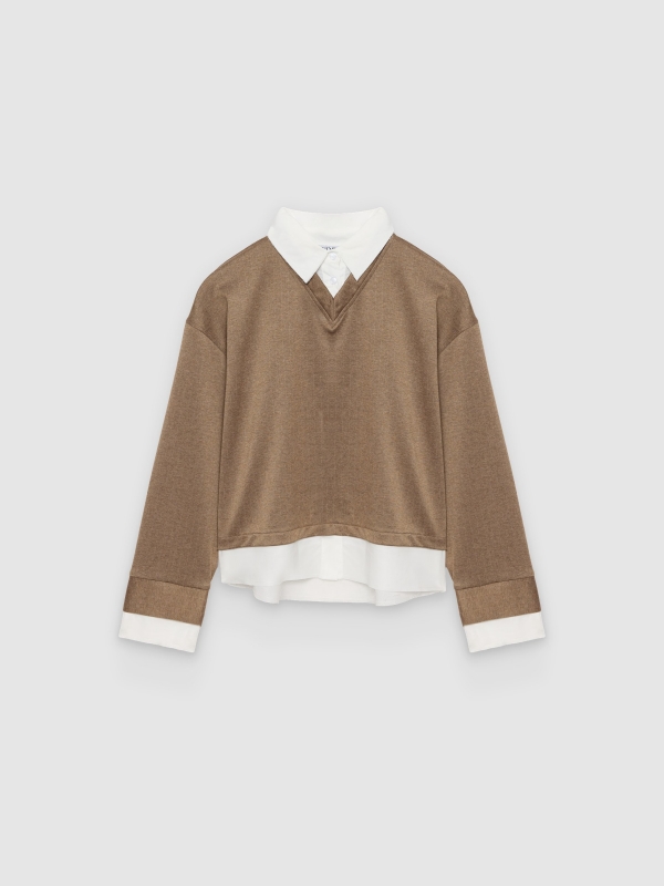  Striped T-shirt with shirt collar and long sleeves taupe front view