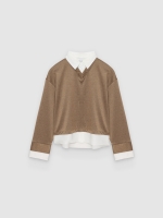 %Pto% Camiseta rayas cuello camisa manga larga taupe vista frontal