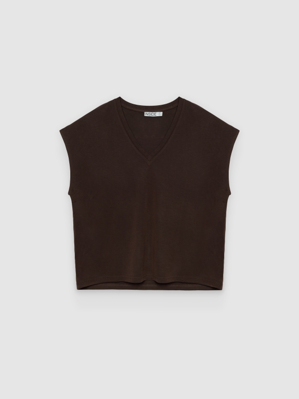  Sleeveless V-neck viscose T-shirt chocolate front view