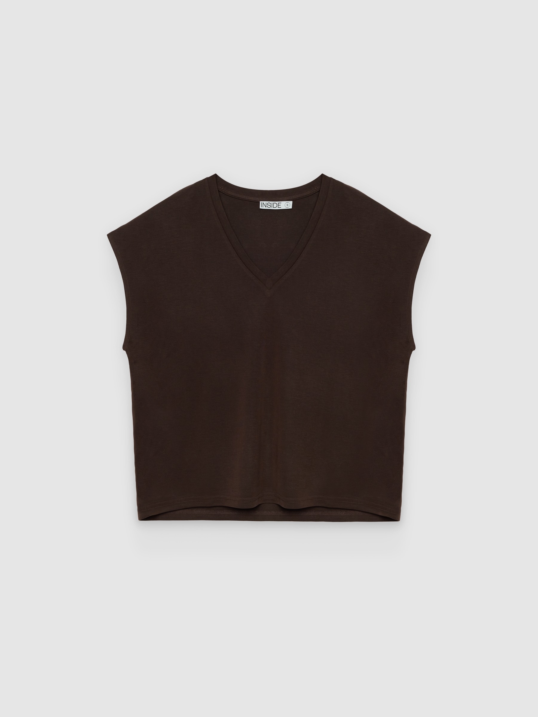 %Pto% Camiseta sem mangas decote em V viscose chocolate vista frontal