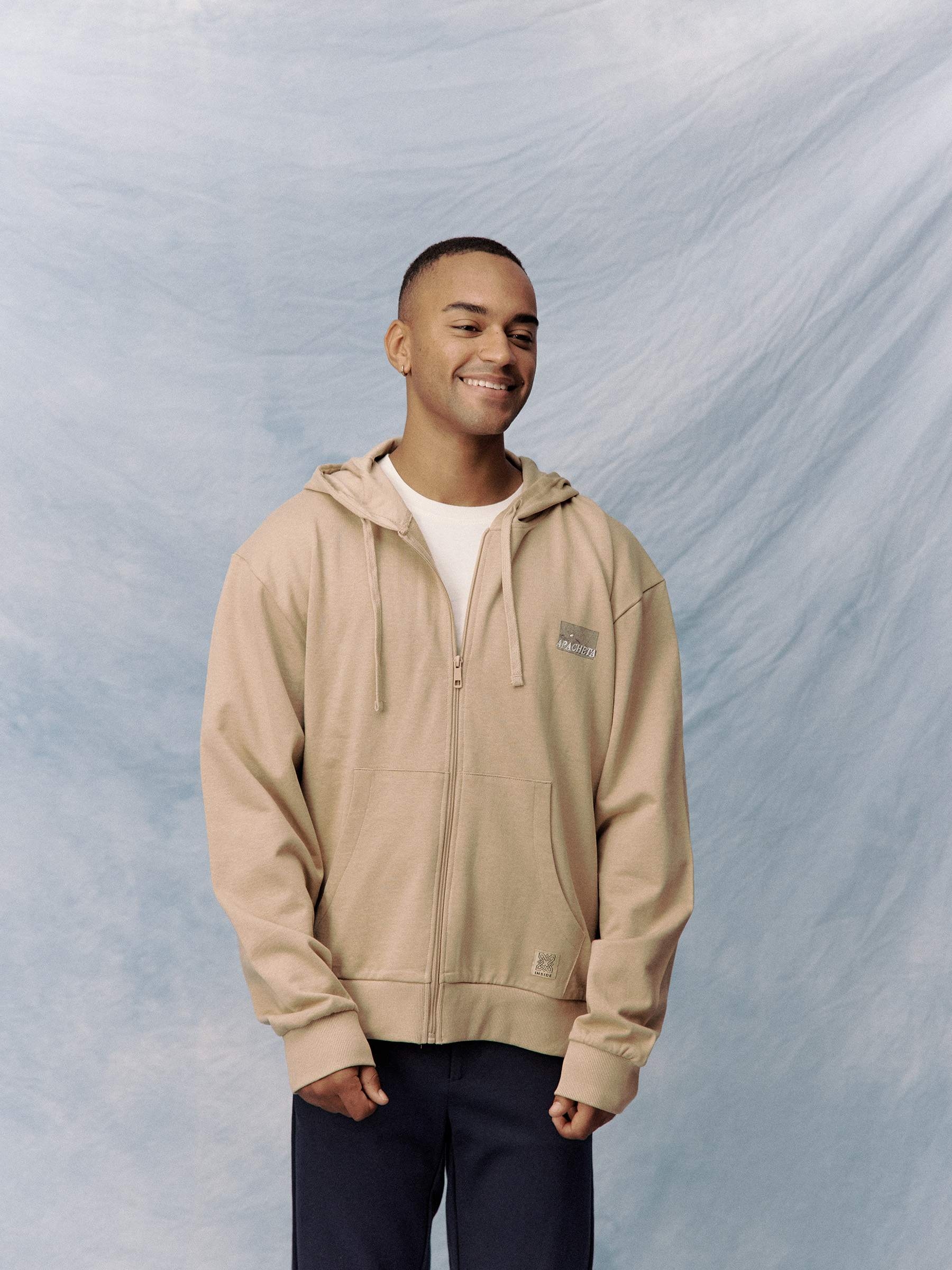 Open hoodie with text beige middle front view