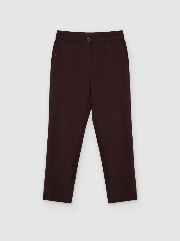  Calça slim com pregas de cintura média chocolate vista frontal
