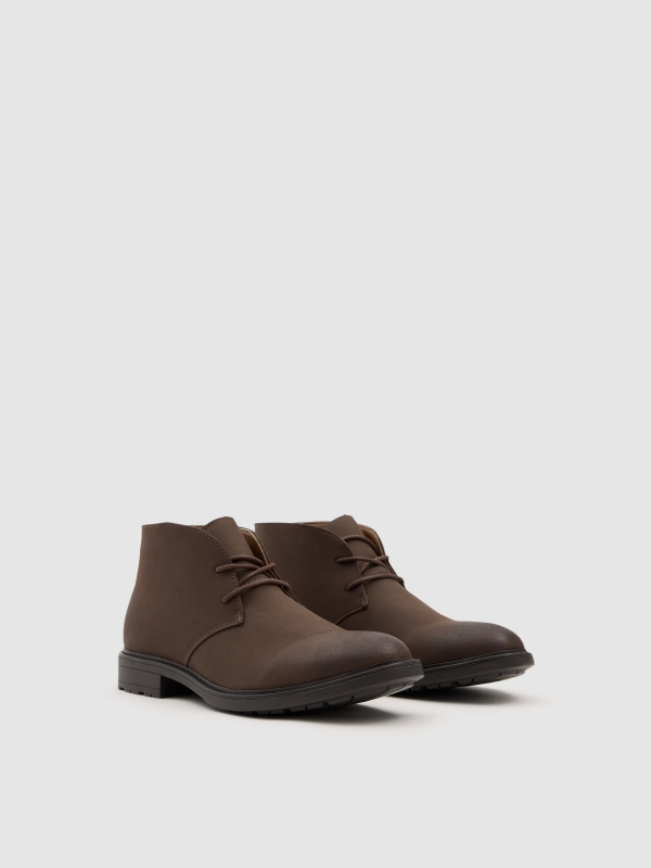 Suede-effect lace-up ankle boot brown 45º front view