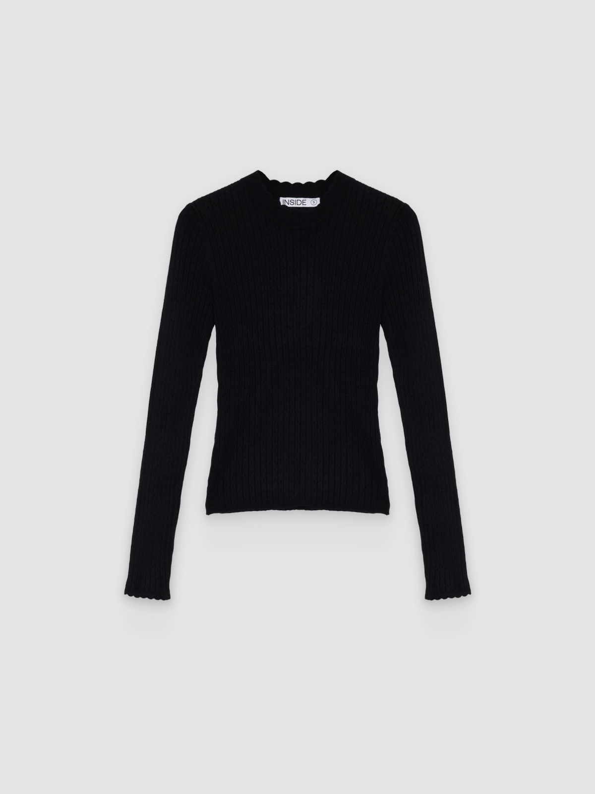 %Pto% Openwork round-neck slim sweater black front view