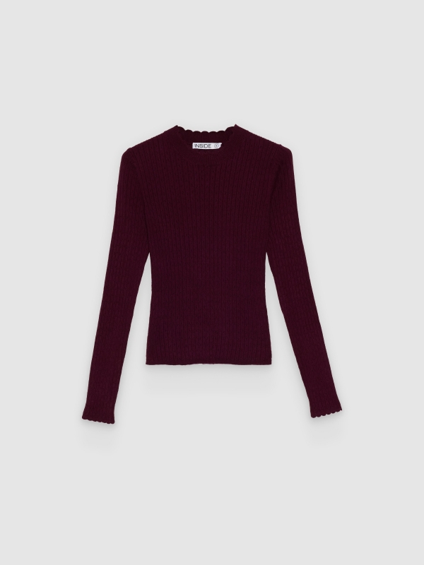  Openwork round-neck slim sweater aubergine front view