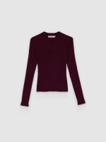 %Pto% Openwork round-neck slim sweater aubergine front view
