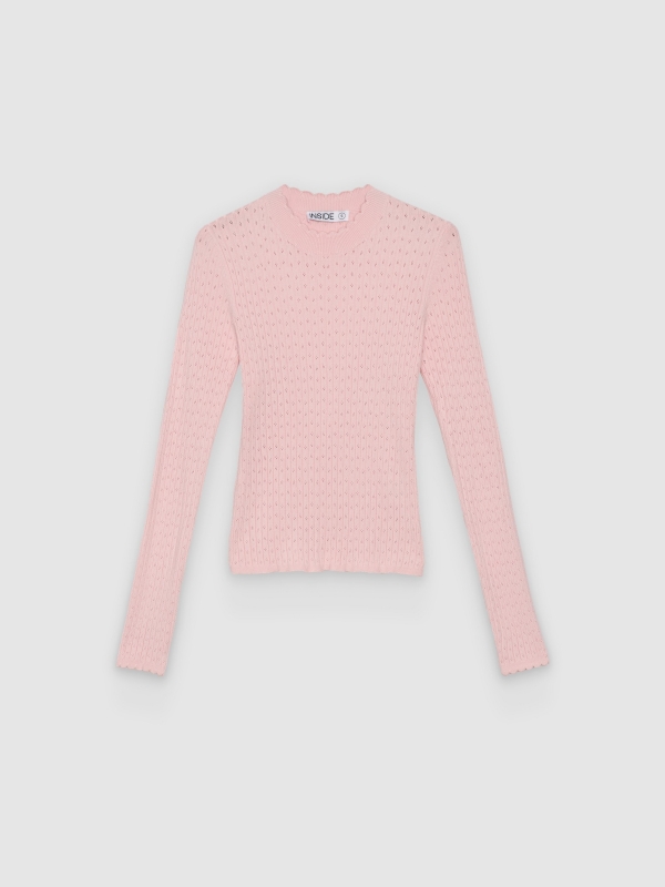  Openwork round-neck slim sweater light pink front view