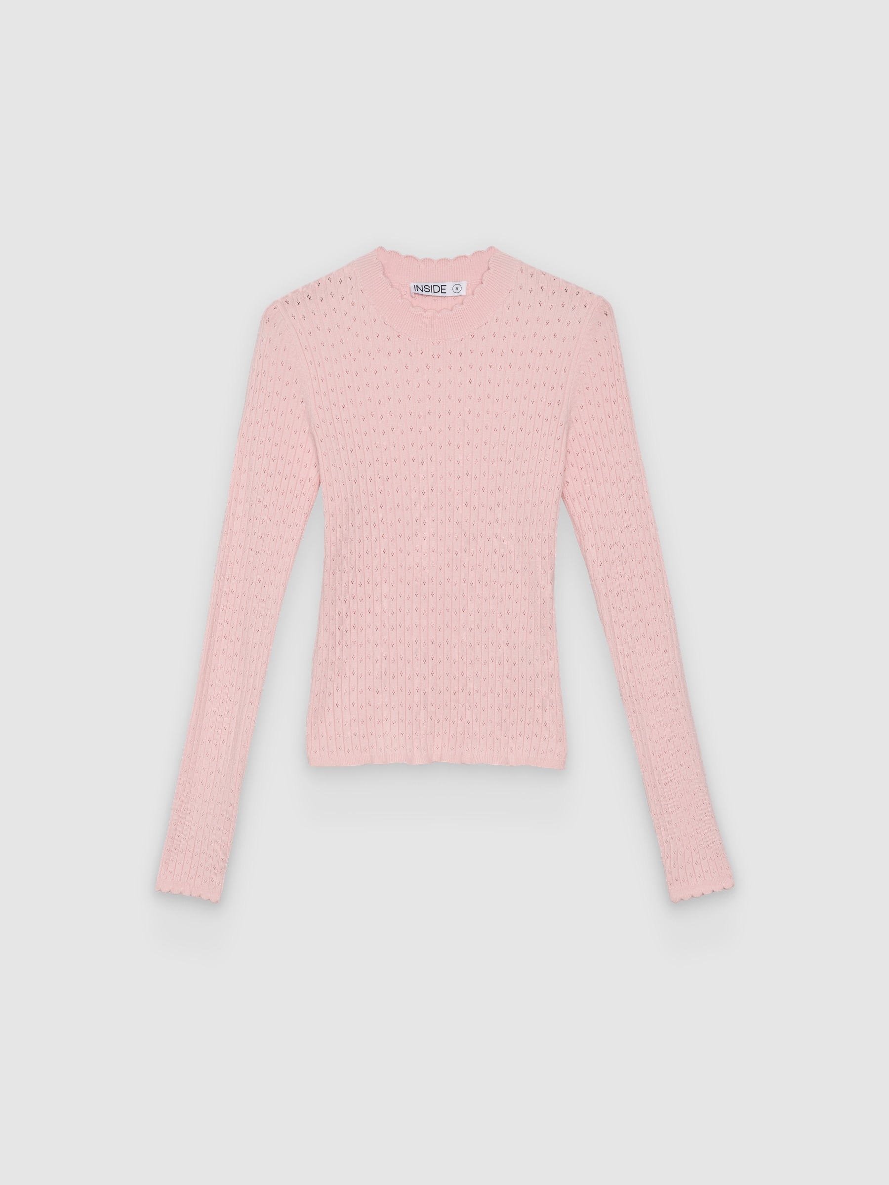  Openwork round-neck slim sweater light pink front view