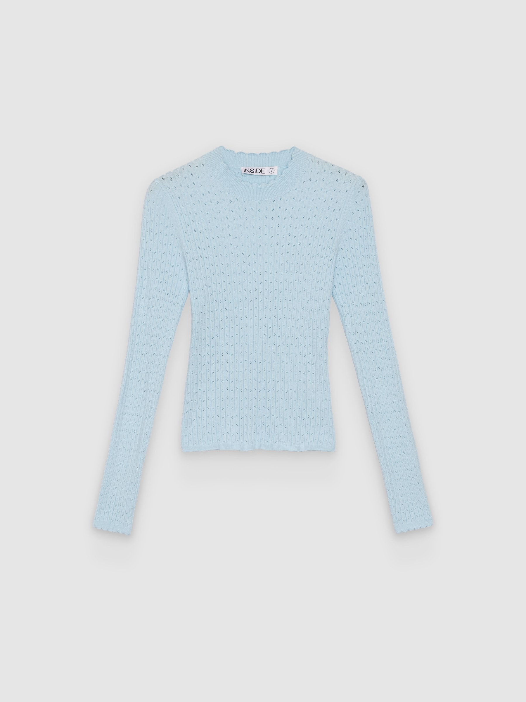 Openwork round-neck slim sweater light blue middle front view