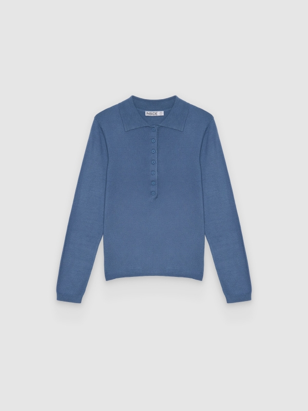 Knitted polo sweater with buttons steel blue front view