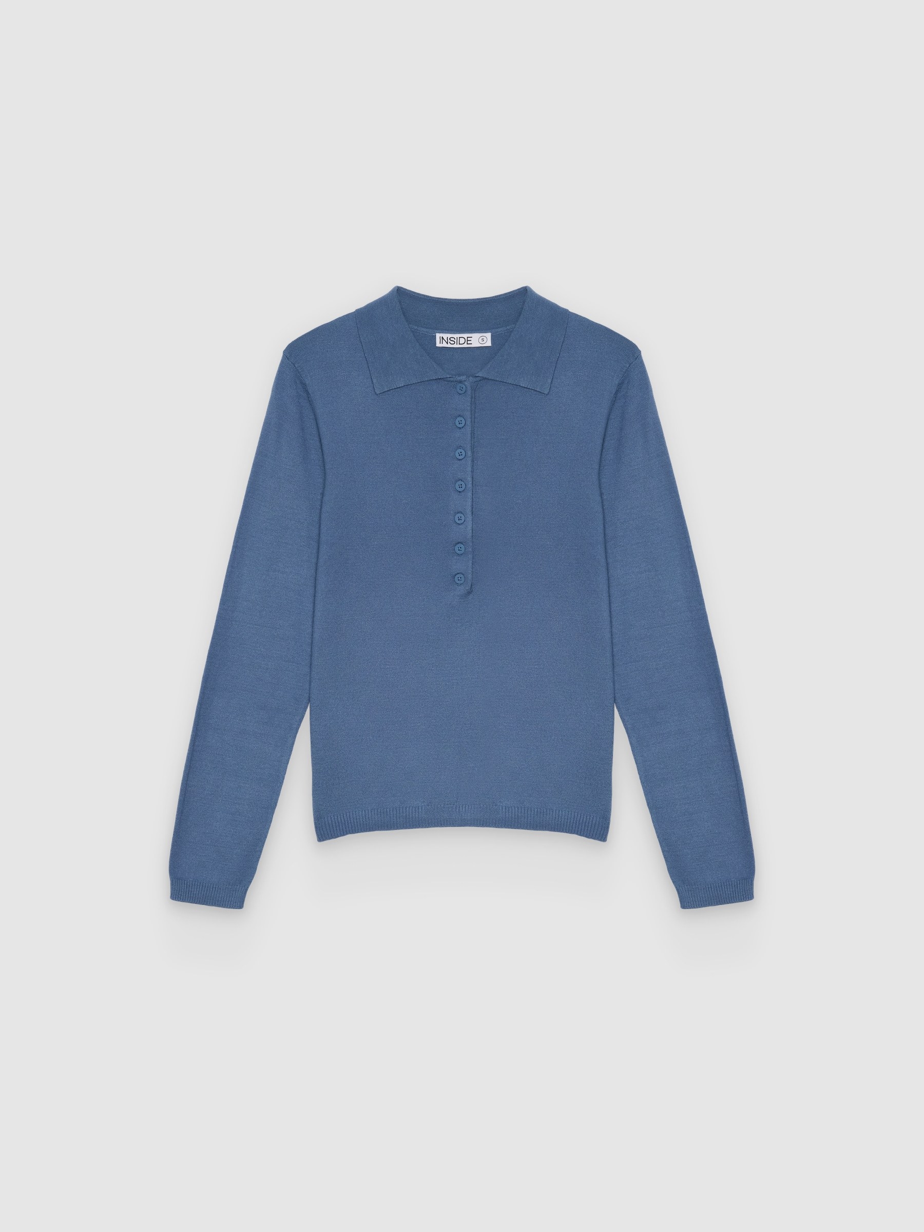  Knitted polo sweater with buttons steel blue front view
