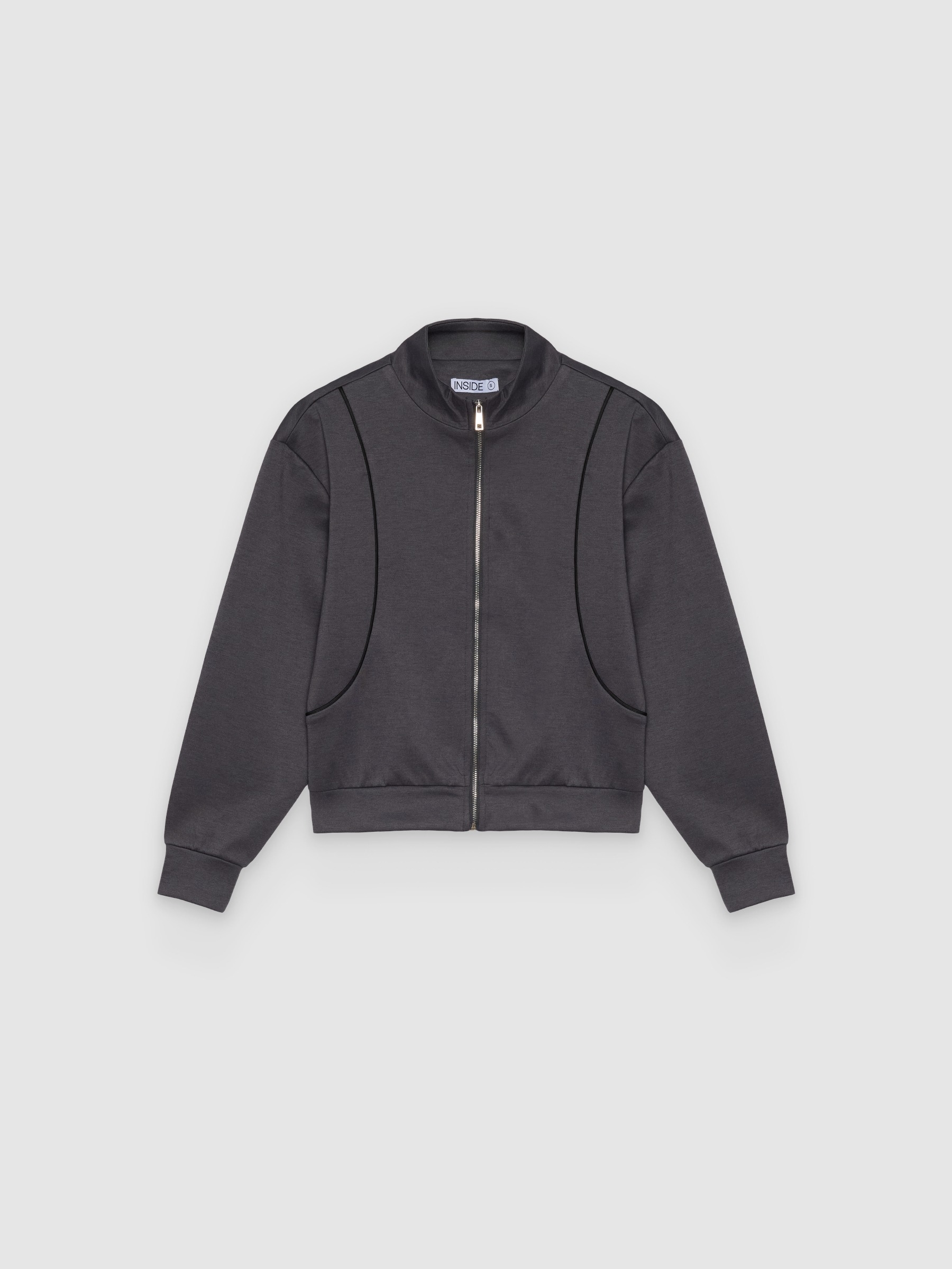 Soft zip-up jacket with high collar dark grey middle front view