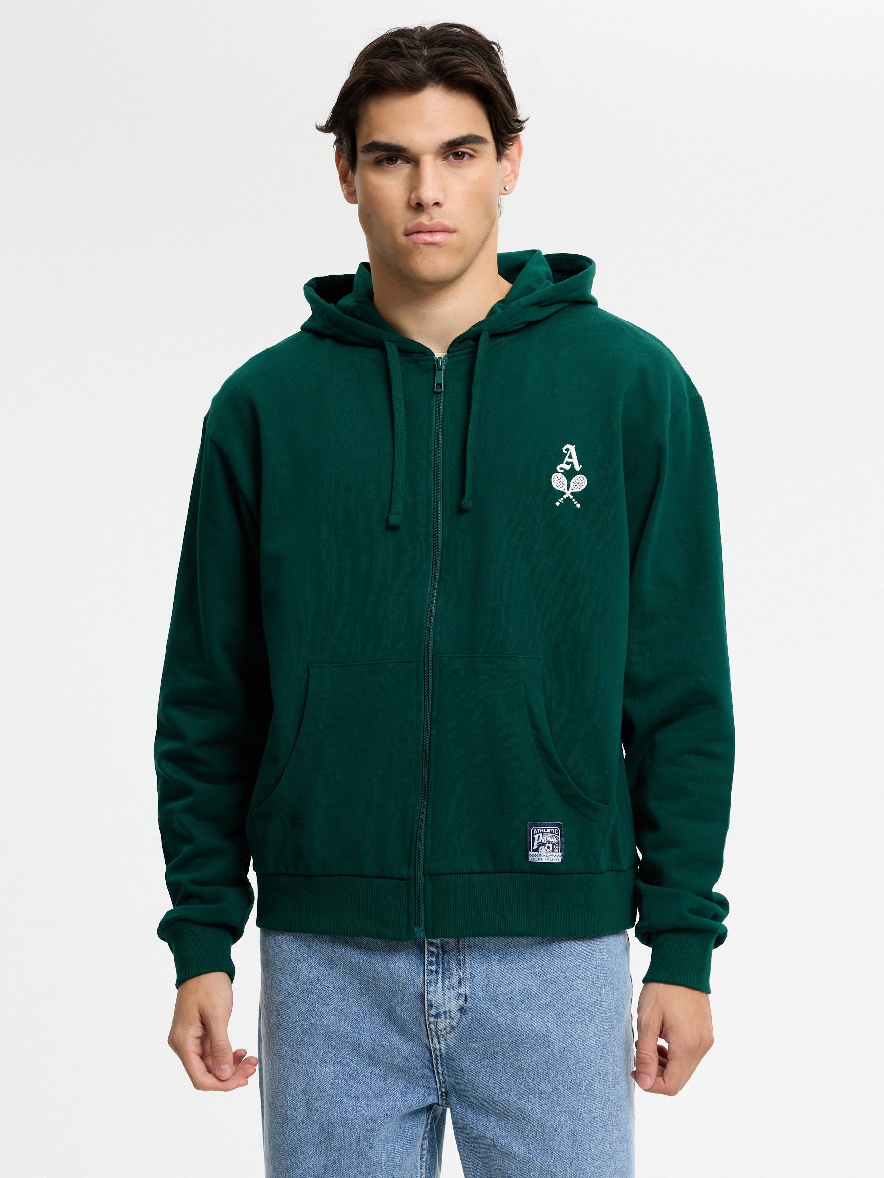 Open hoodie fleece text dark green middle front view