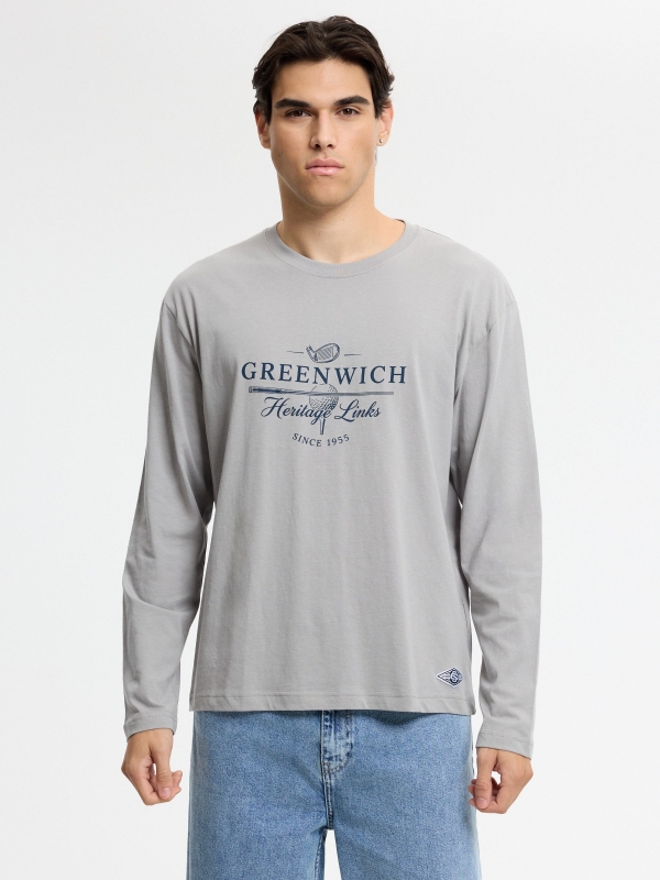 Printed long-sleeve golf shirt medium grey middle front view
