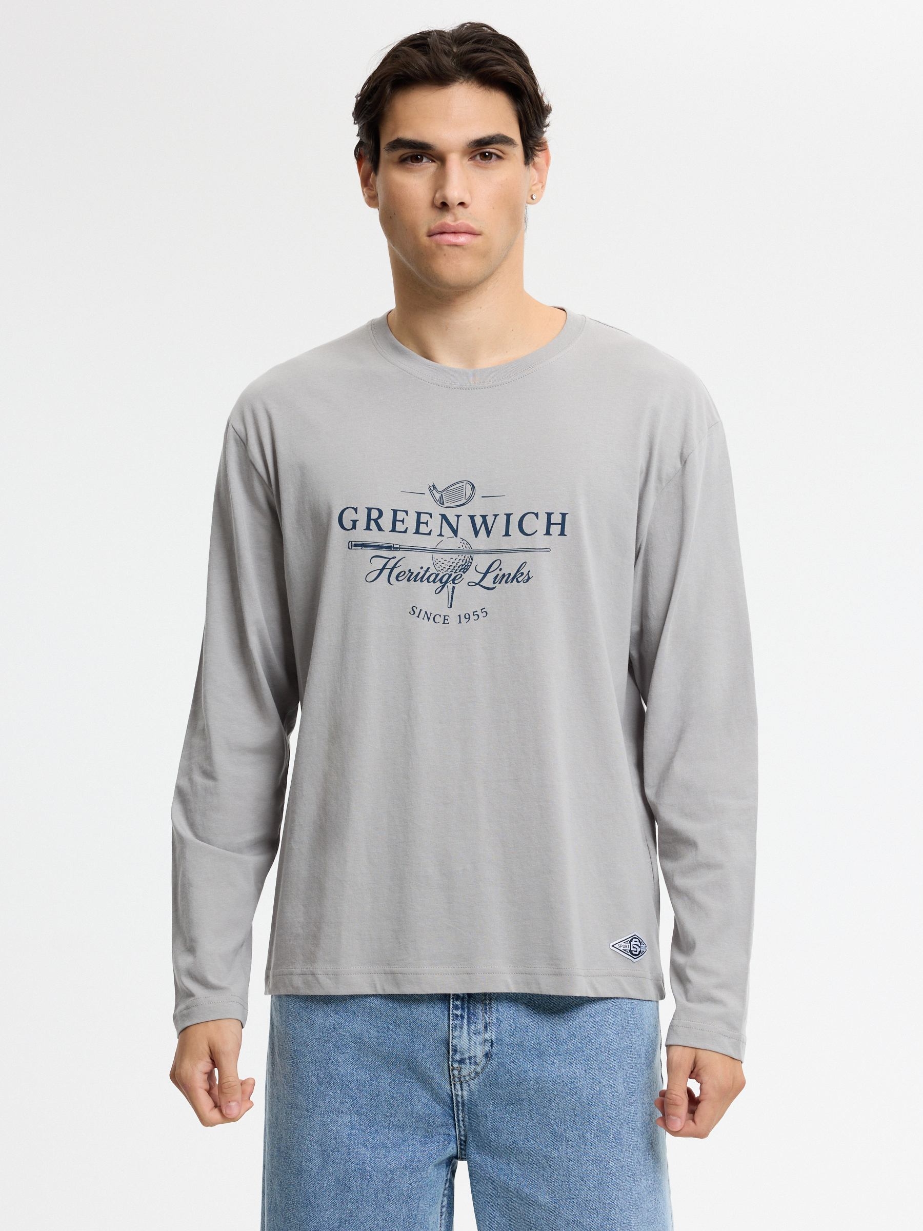 Printed long-sleeve golf shirt medium grey middle front view