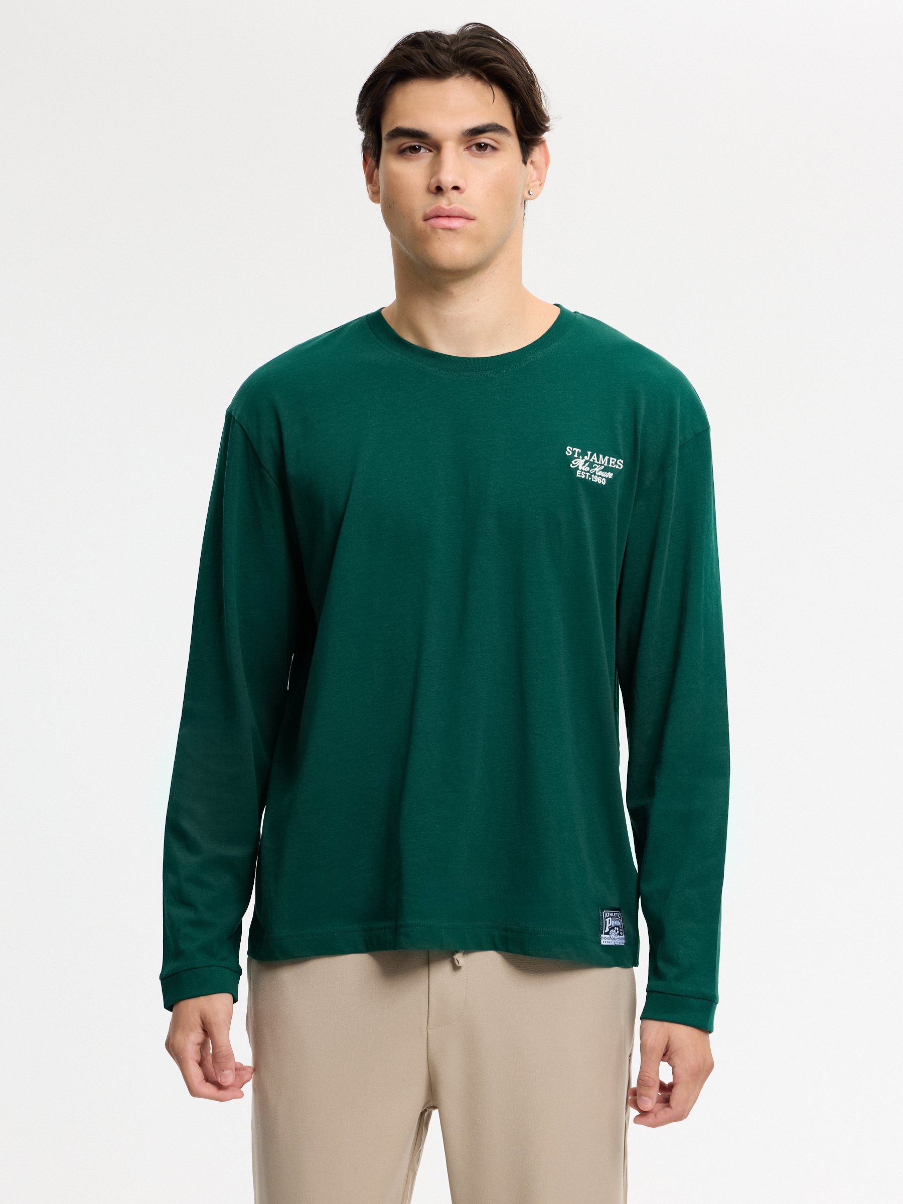 Green long-sleeve embroidered T-shirt dark green middle front view