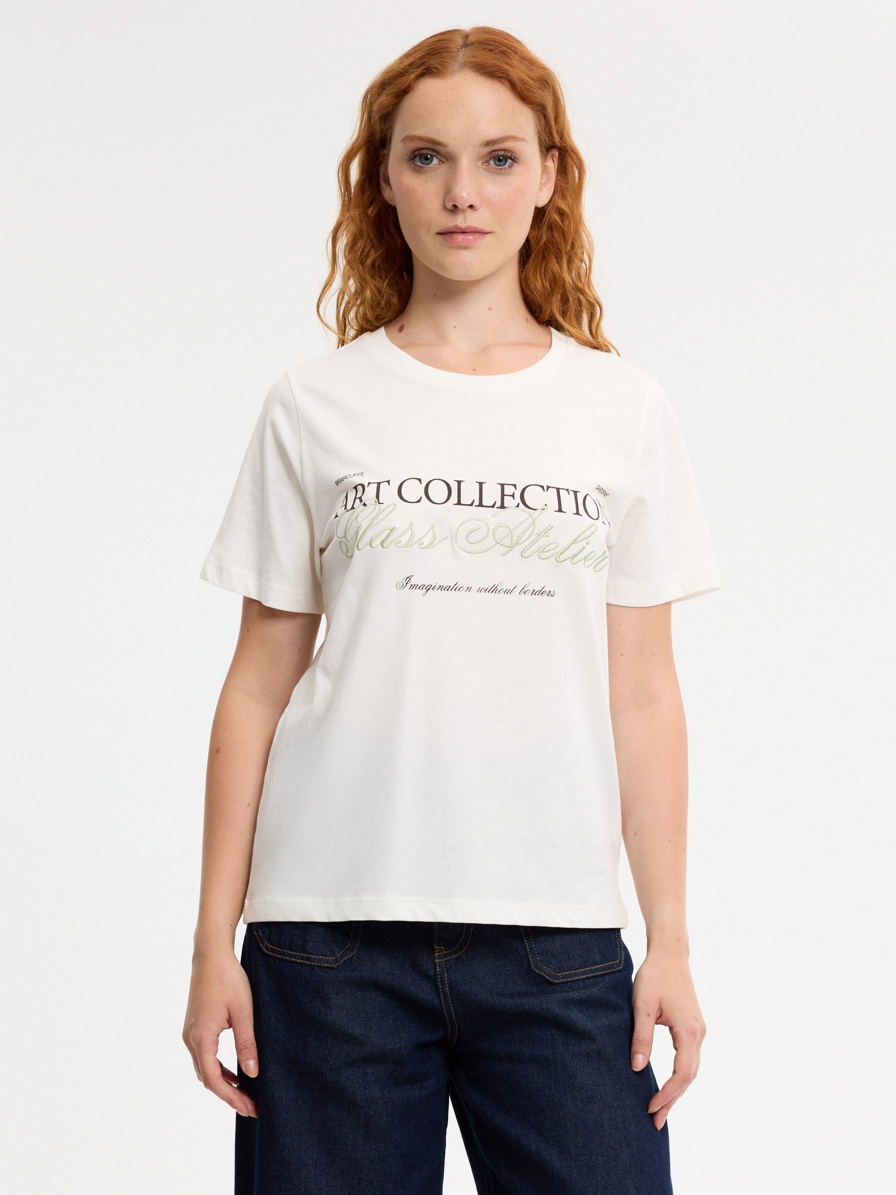 Camiseta texto algodón blanco roto vista media frontal