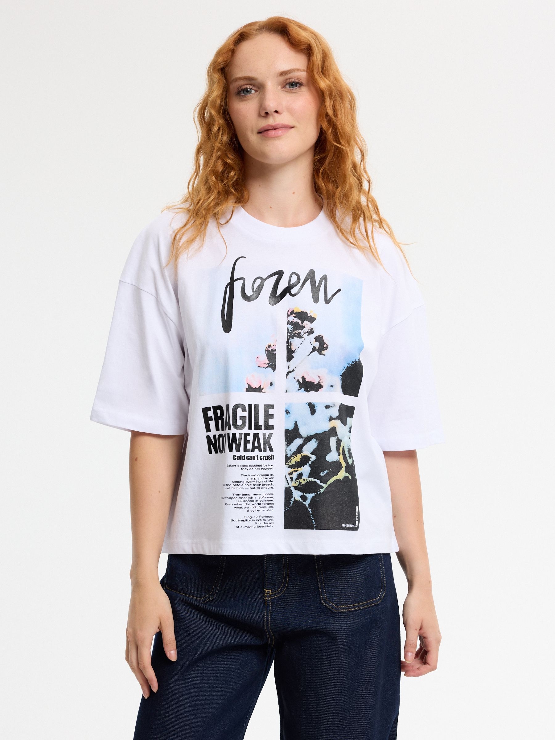 Square floral print T-shirt white middle front view