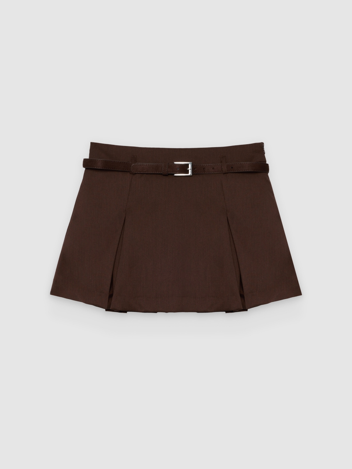%Pto% High-waisted mini skort with belt chocolate front view