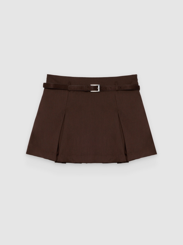  High-waisted mini skort with belt chocolate front view