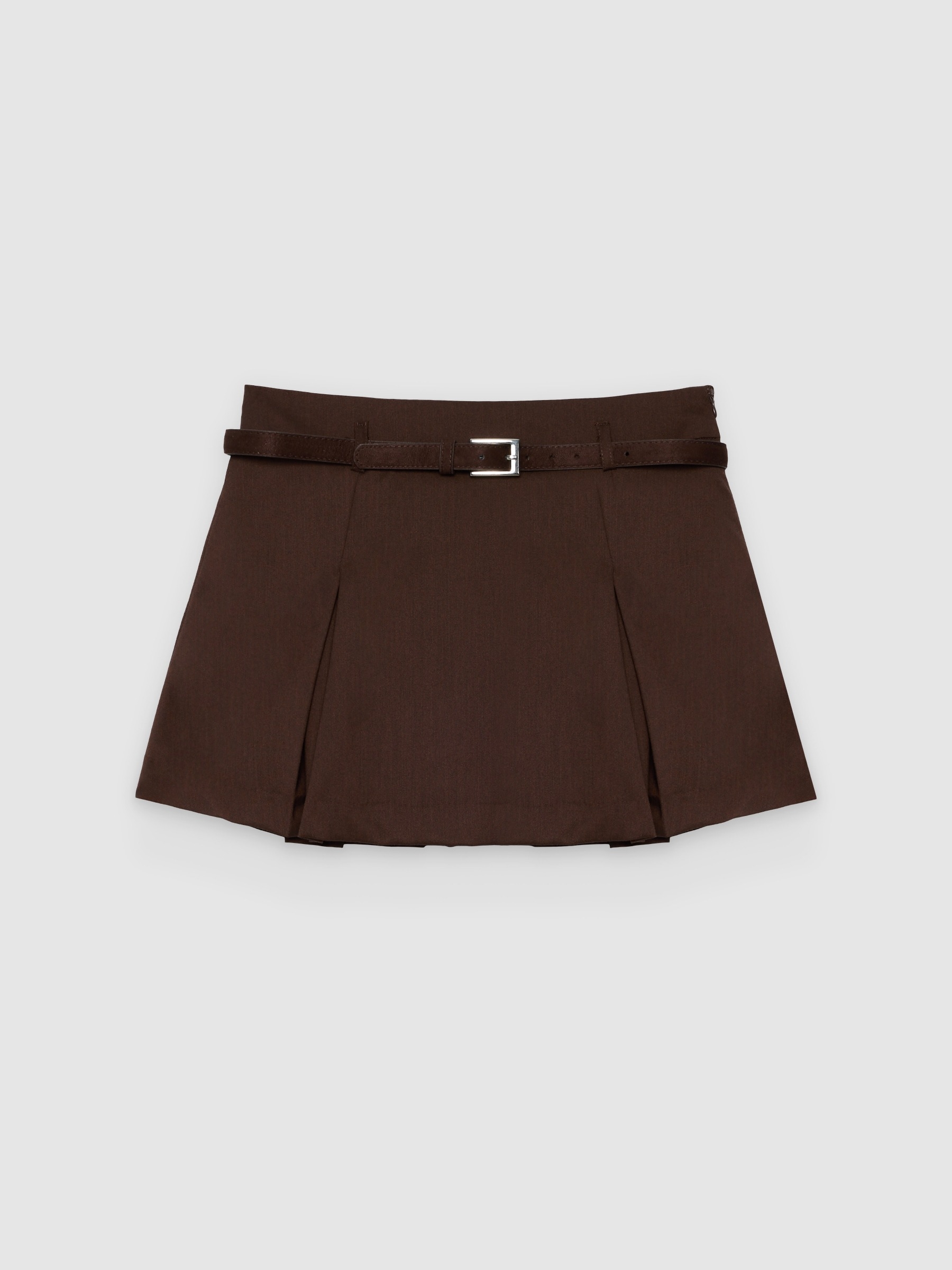  High-waisted mini skort with belt chocolate front view