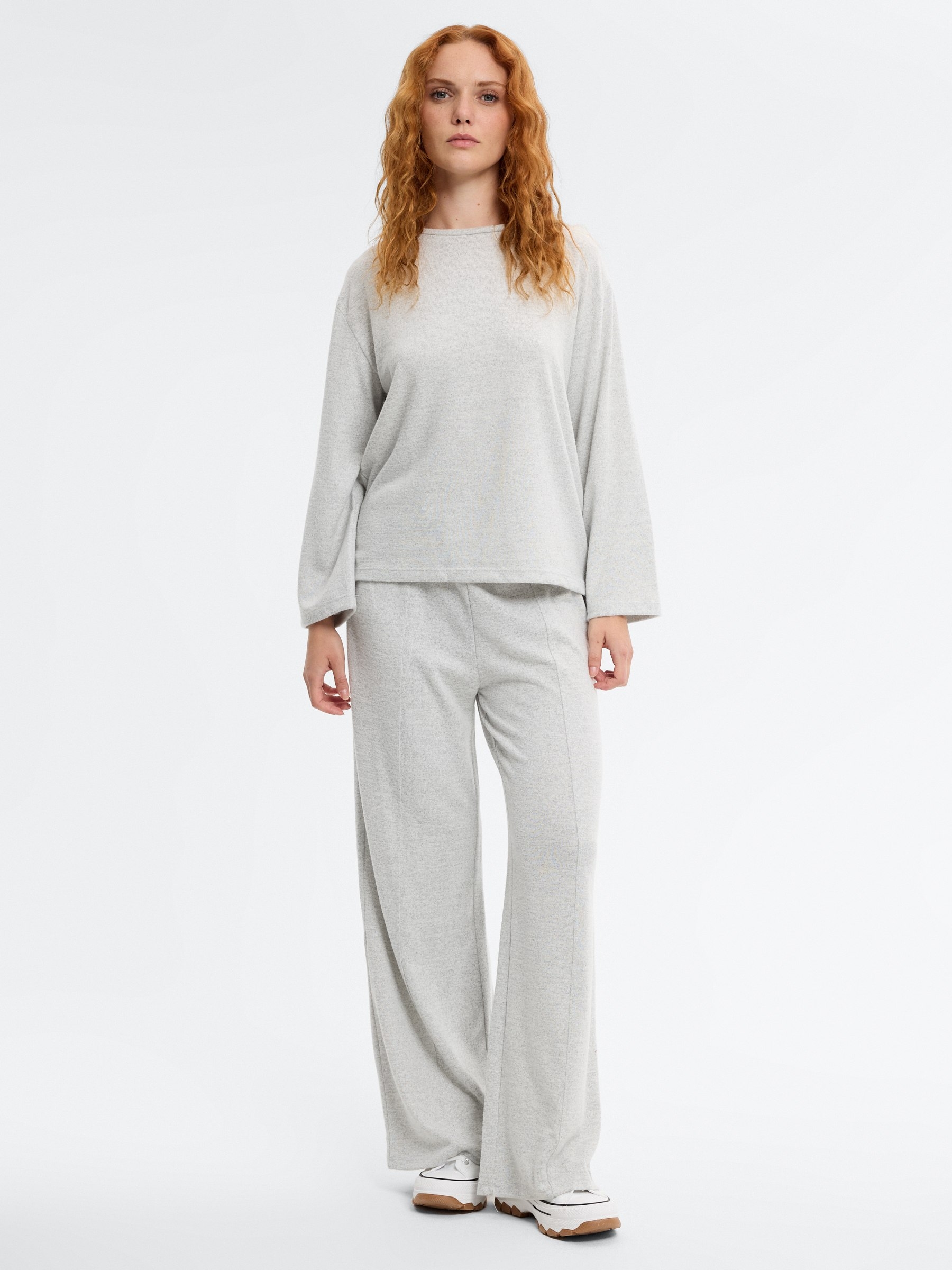 High-waisted soft wide-leg pants light melange front view