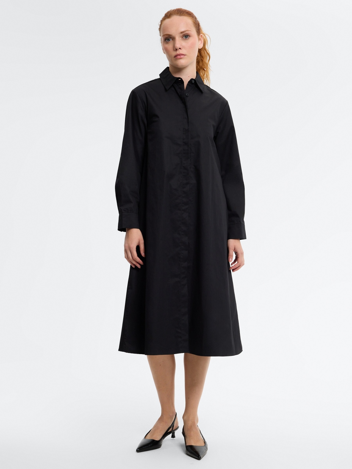 Plain fluid midi shirt dress black middle front view