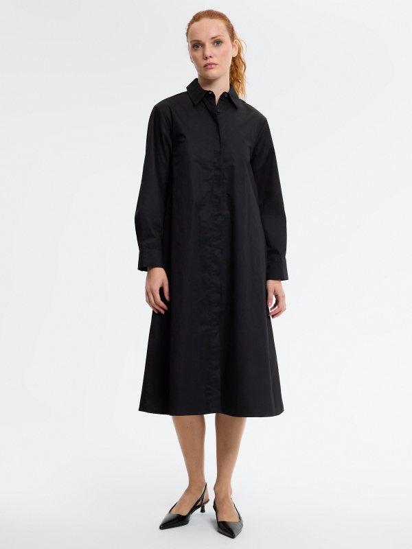 Plain fluid midi shirt dress black middle front view