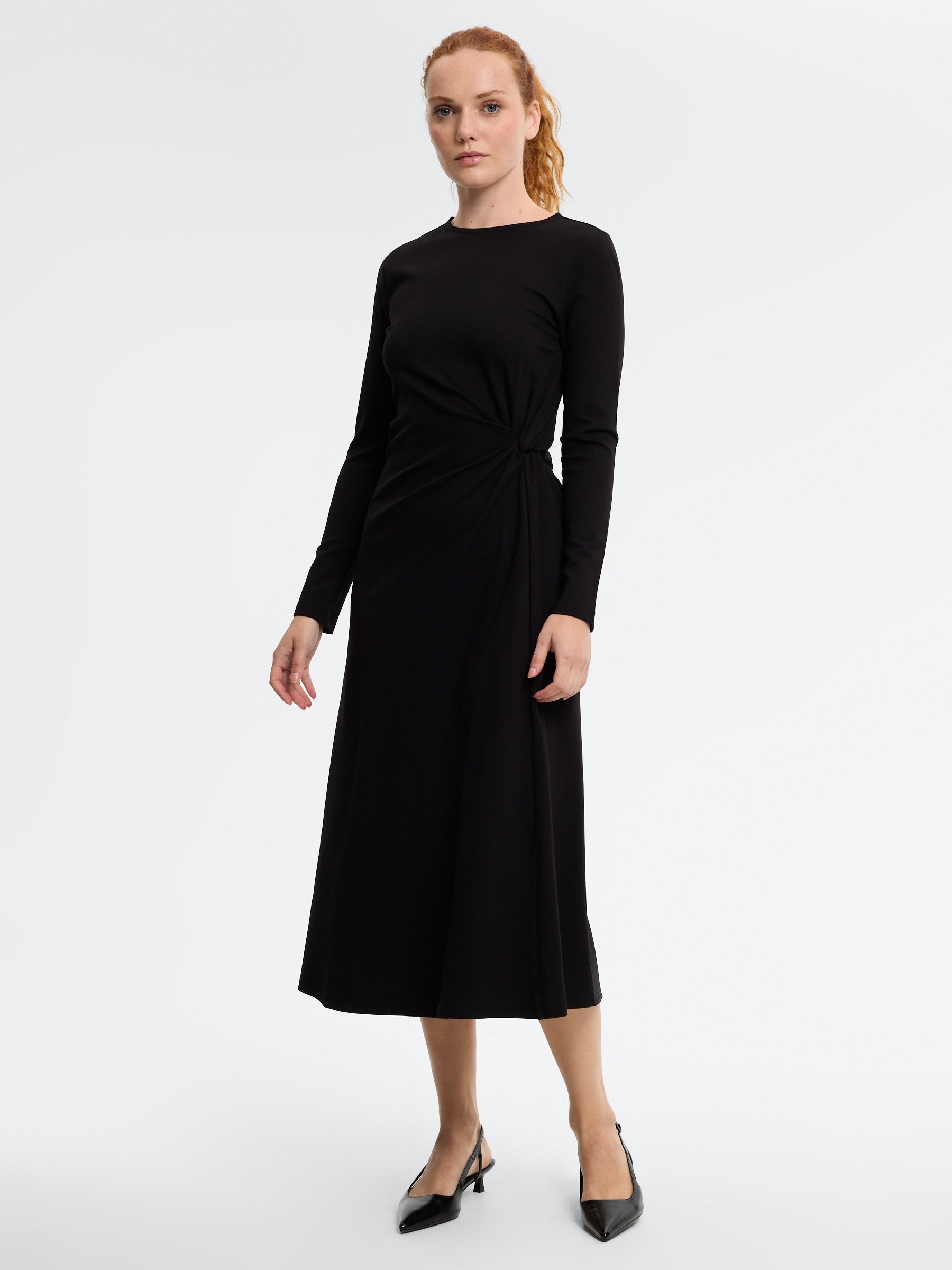 Midi dress with ruching black middle front view