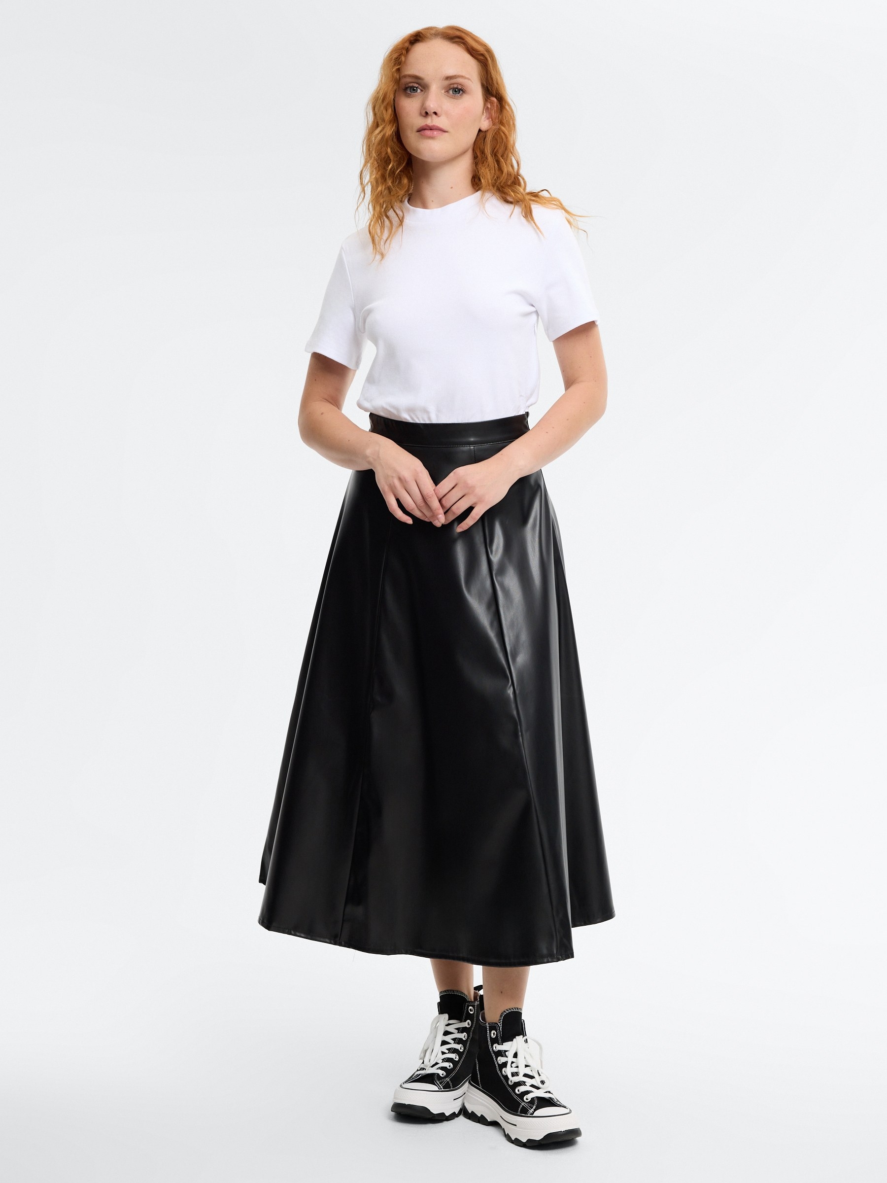 Midi dress combined with faux leather black middle front view