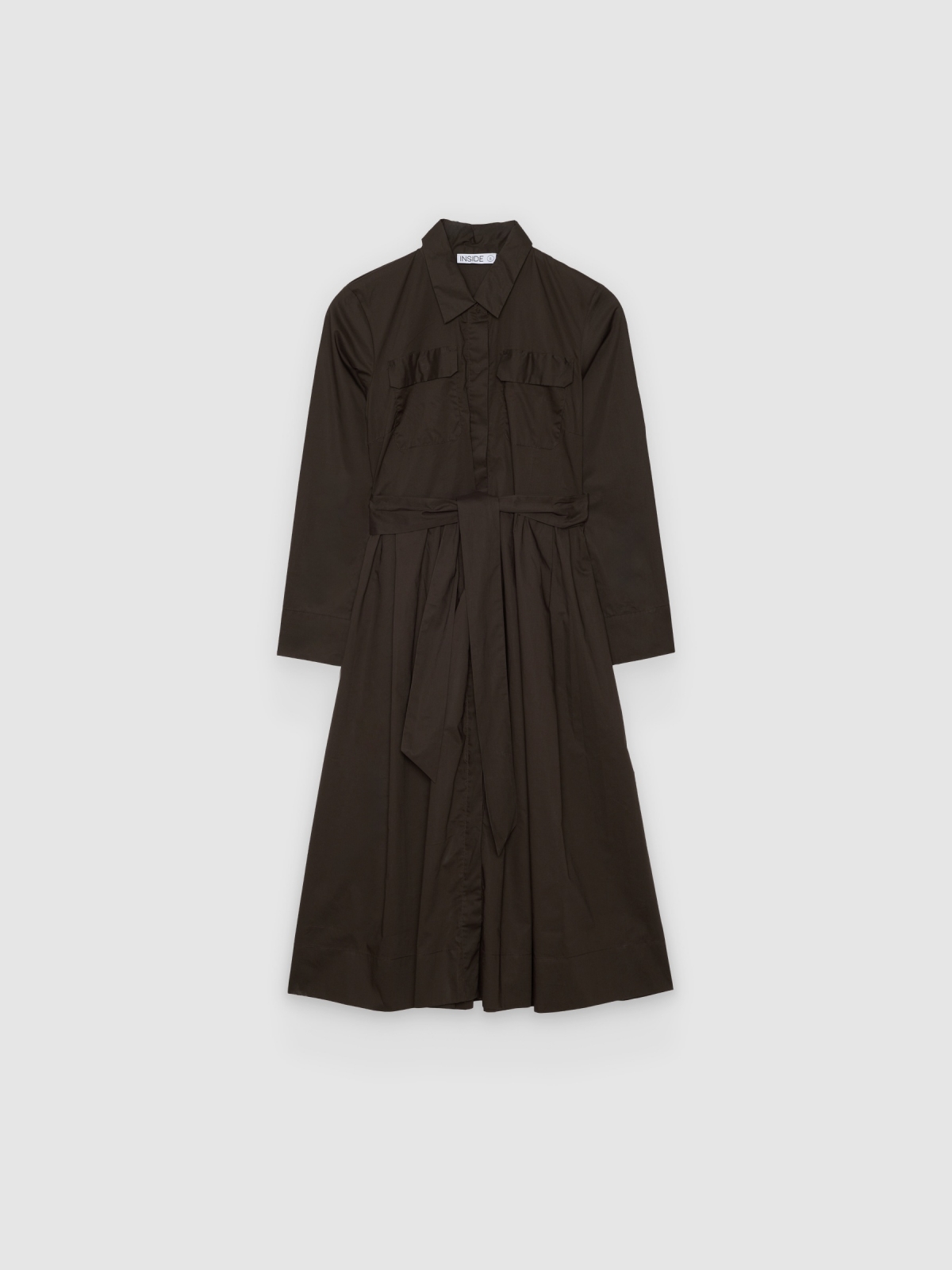 %Pto% Vestido camiseiro midi popelina lisa chocolate vista frontal
