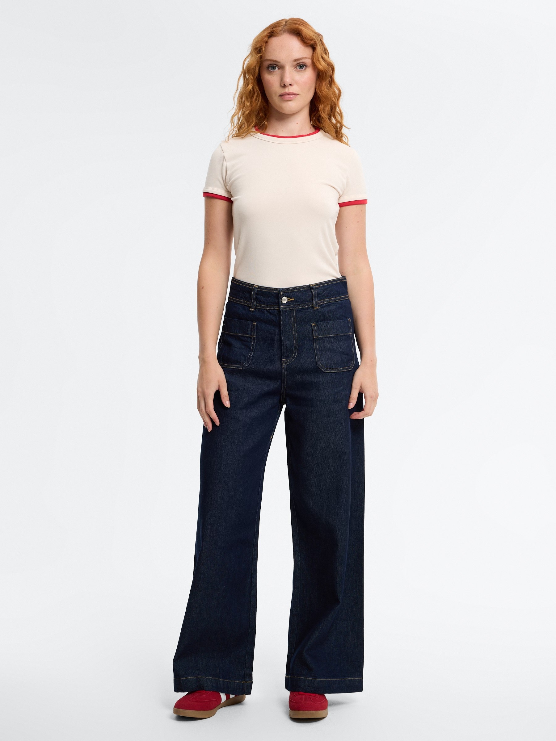 Jeans escuros wide leg multibolsos azul escuro vista geral frontal