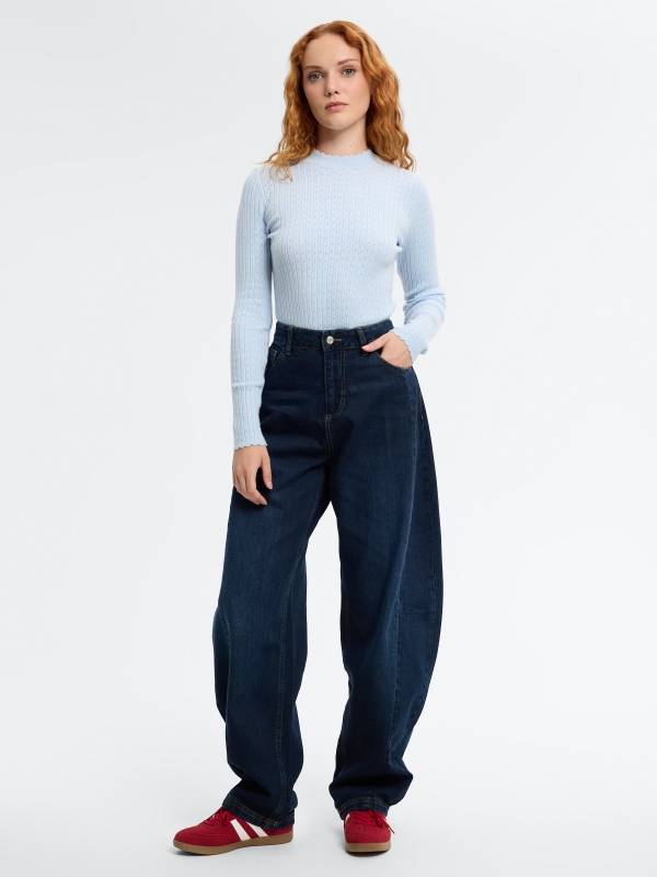 Openwork round-neck slim sweater light blue front view