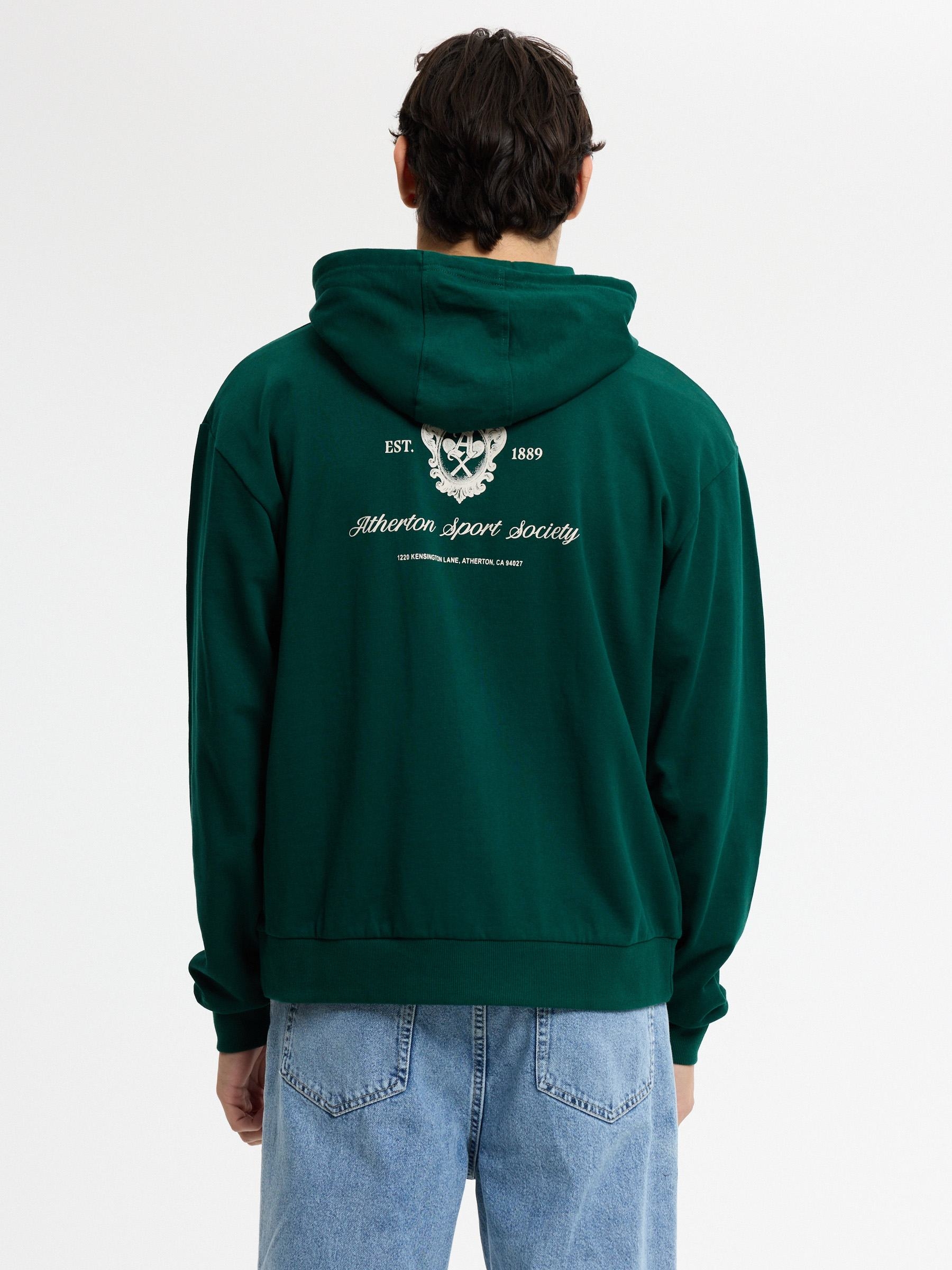 Open hoodie fleece text dark green middle front view