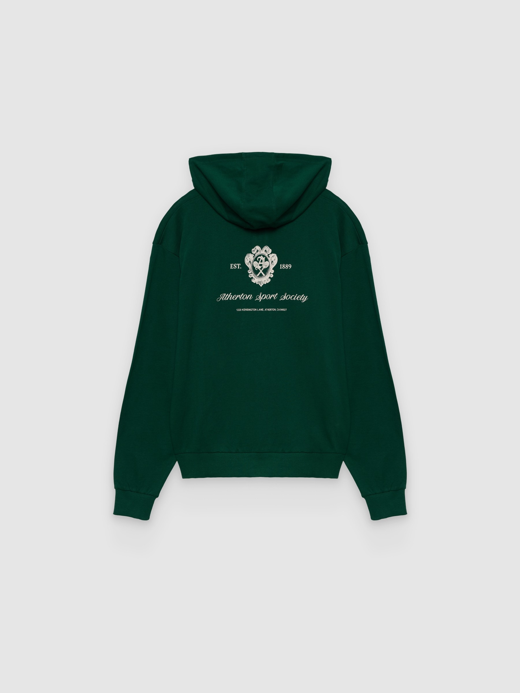 Open hoodie fleece text dark green middle front view